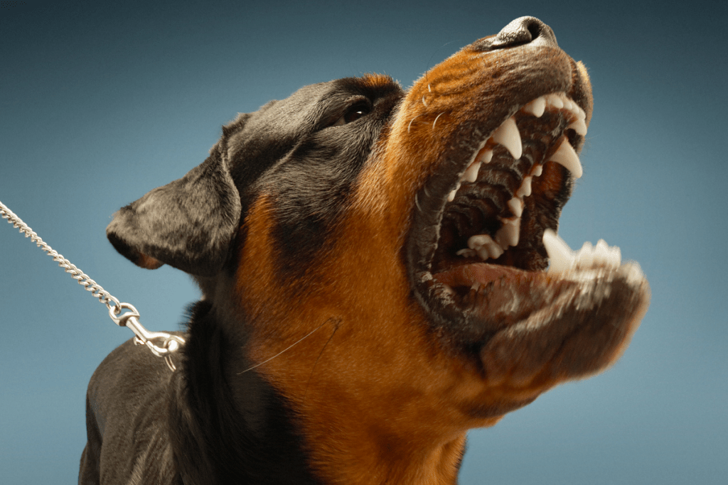 Rottweiler growling with teeth showing