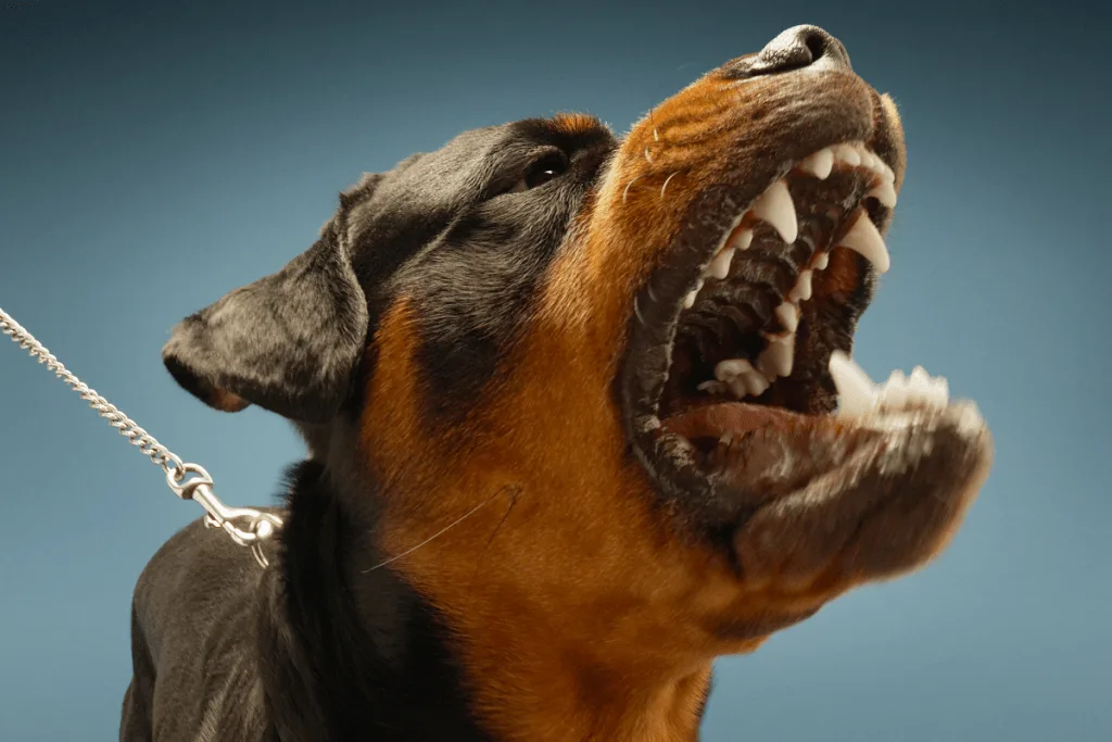 Rottweiler growling with teeth showing