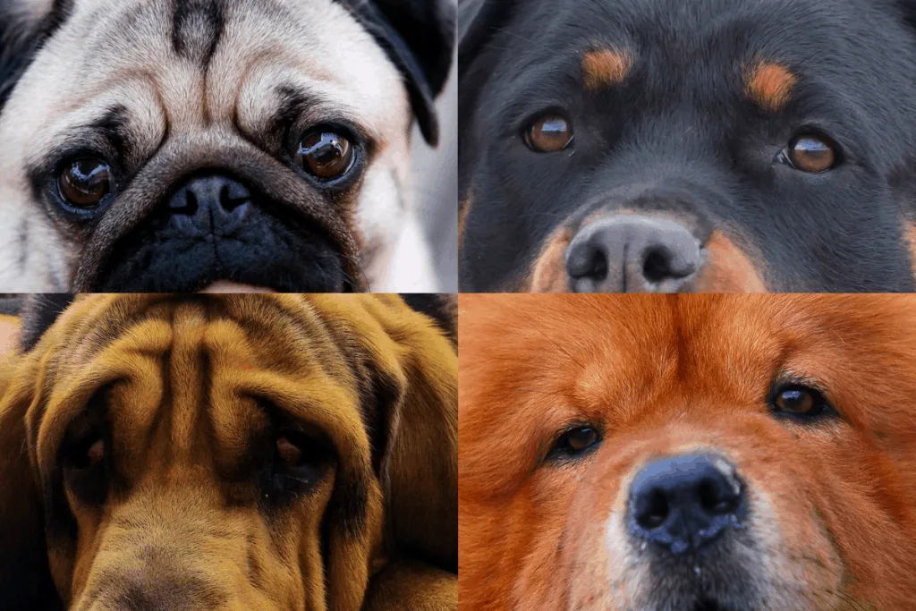 Pug, Rottweiler, Bloodhound, and Chow Chow eyes clockwise