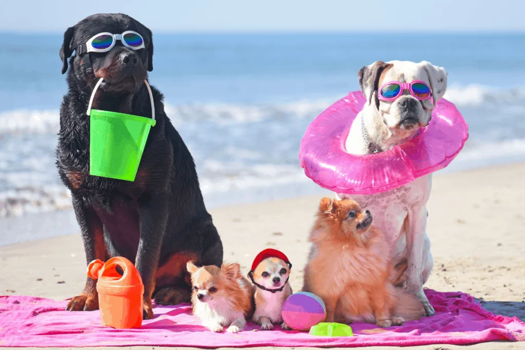 Rottweiler hanging out with other dogs in costume on beach