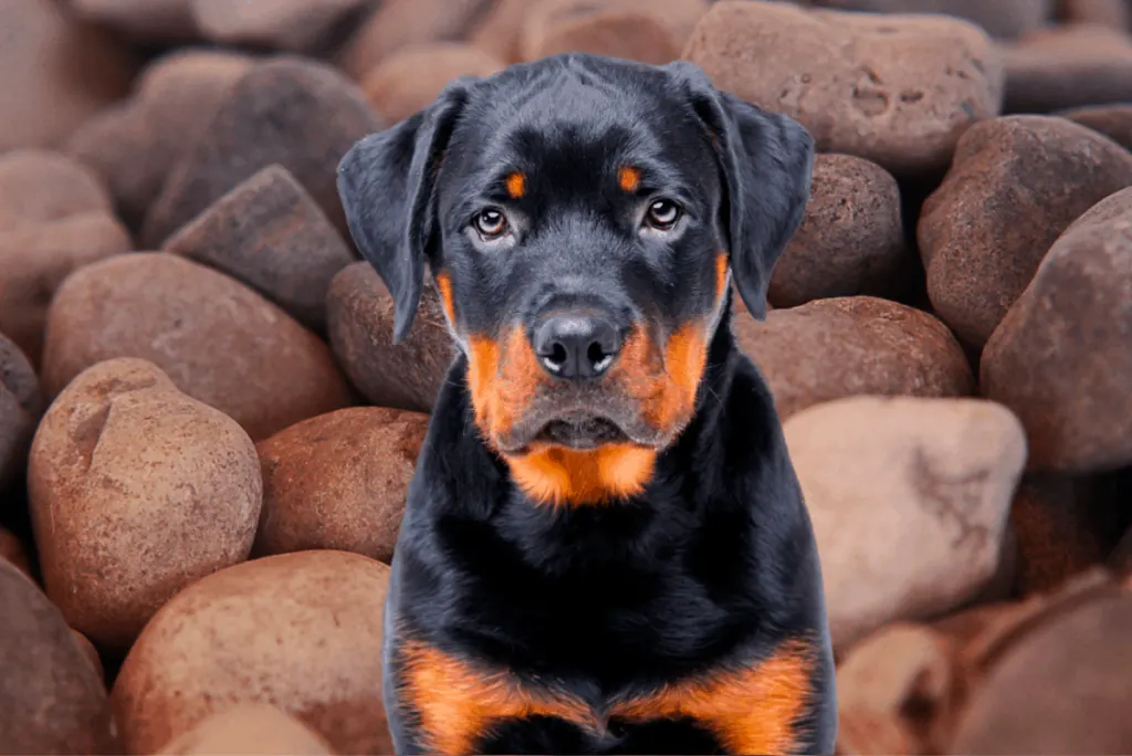 Rottweiler puppy and rocks