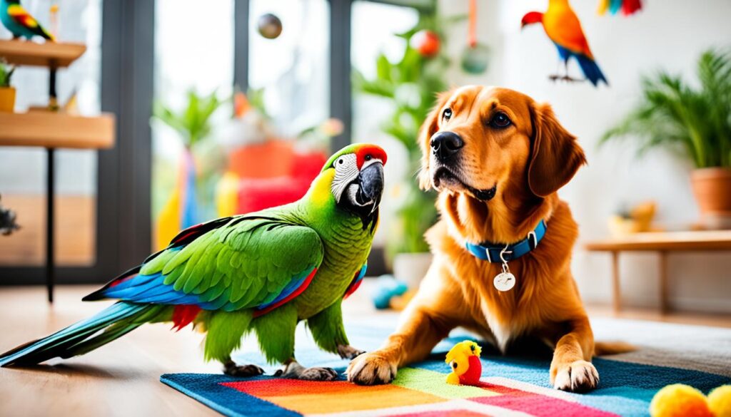 dogs and parrots living together